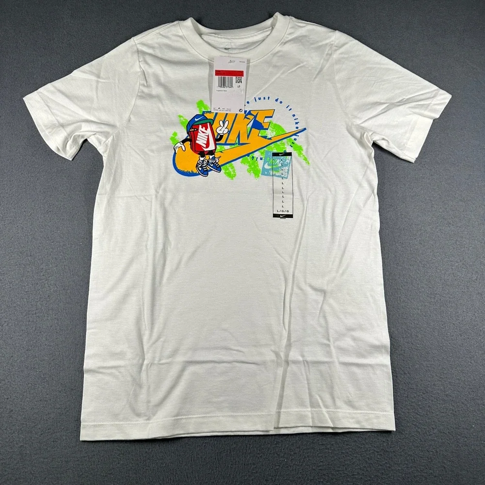 Nike Sportswear Tee Kids L White‎ Graphic Tee Boxy Futura Just Do It Cartoon